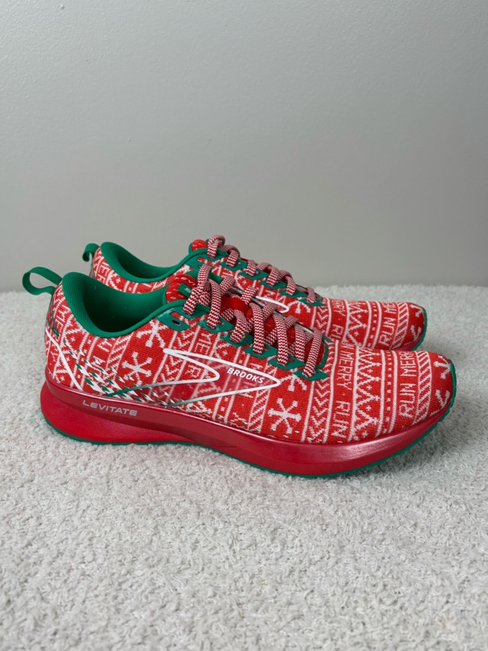 Brooks Red and White Holiday Knit Levitate Running Shoes
